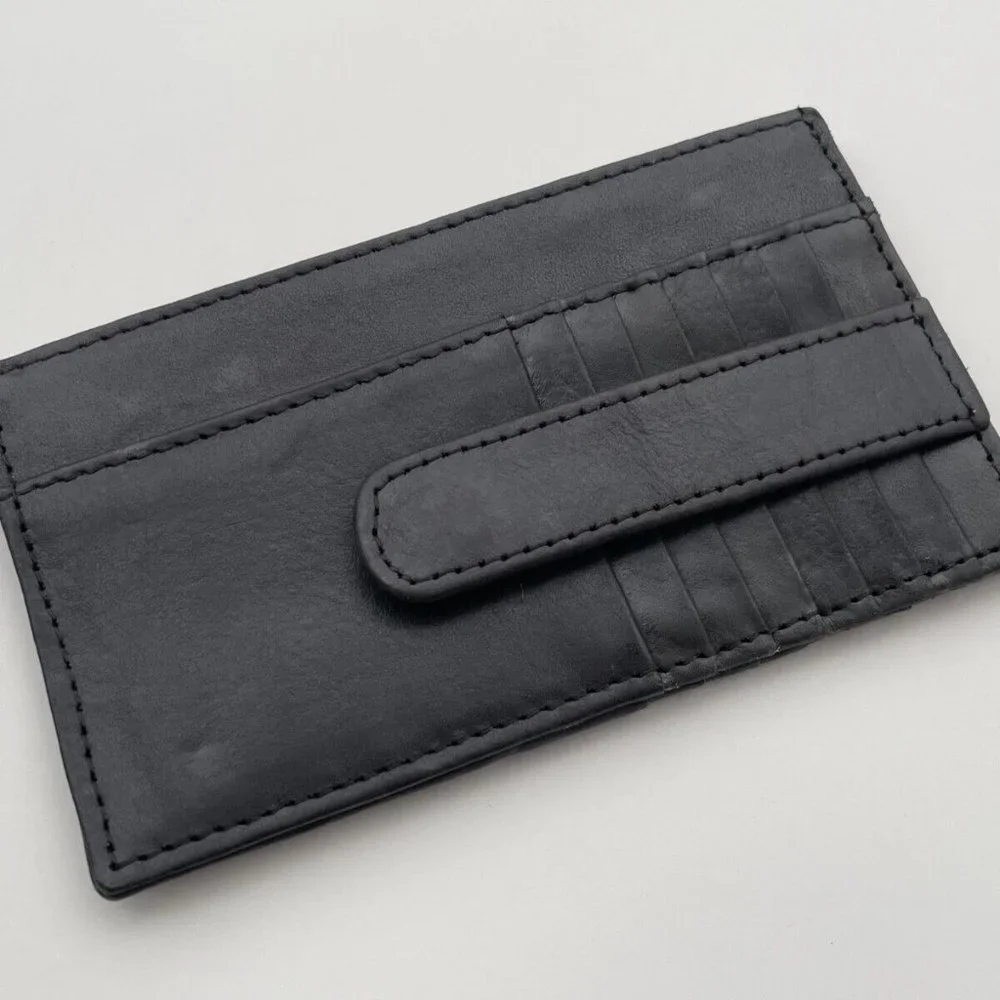 Long Card Holder Billfold Black Genuine Leather Wallet Handmade Coin Purse